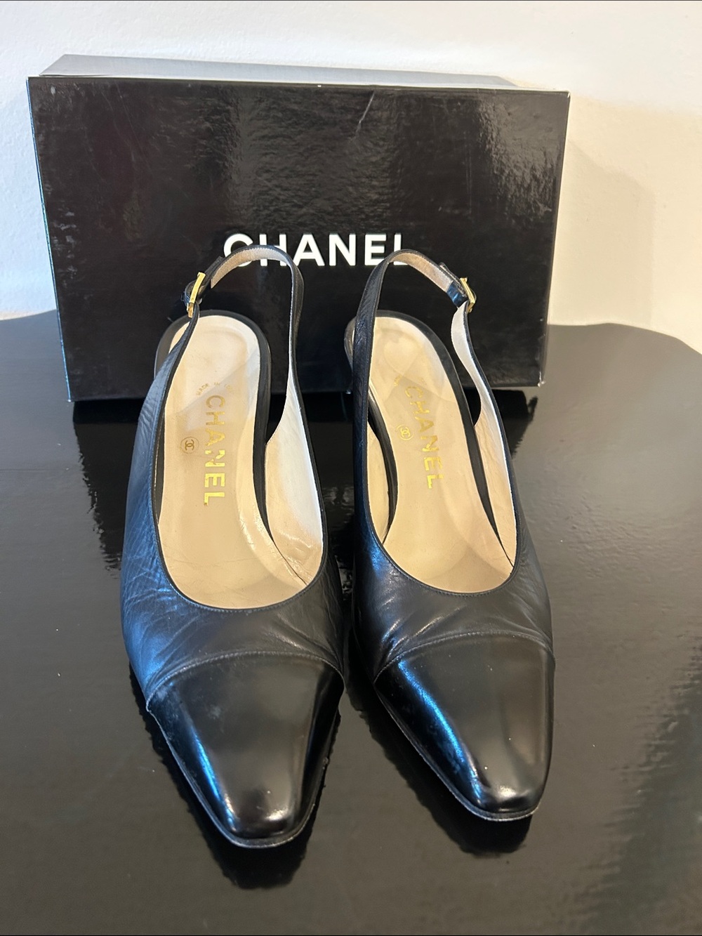 CHANEL Black Leather Slingback Mules 1989 Size 8 Box and Receipt included